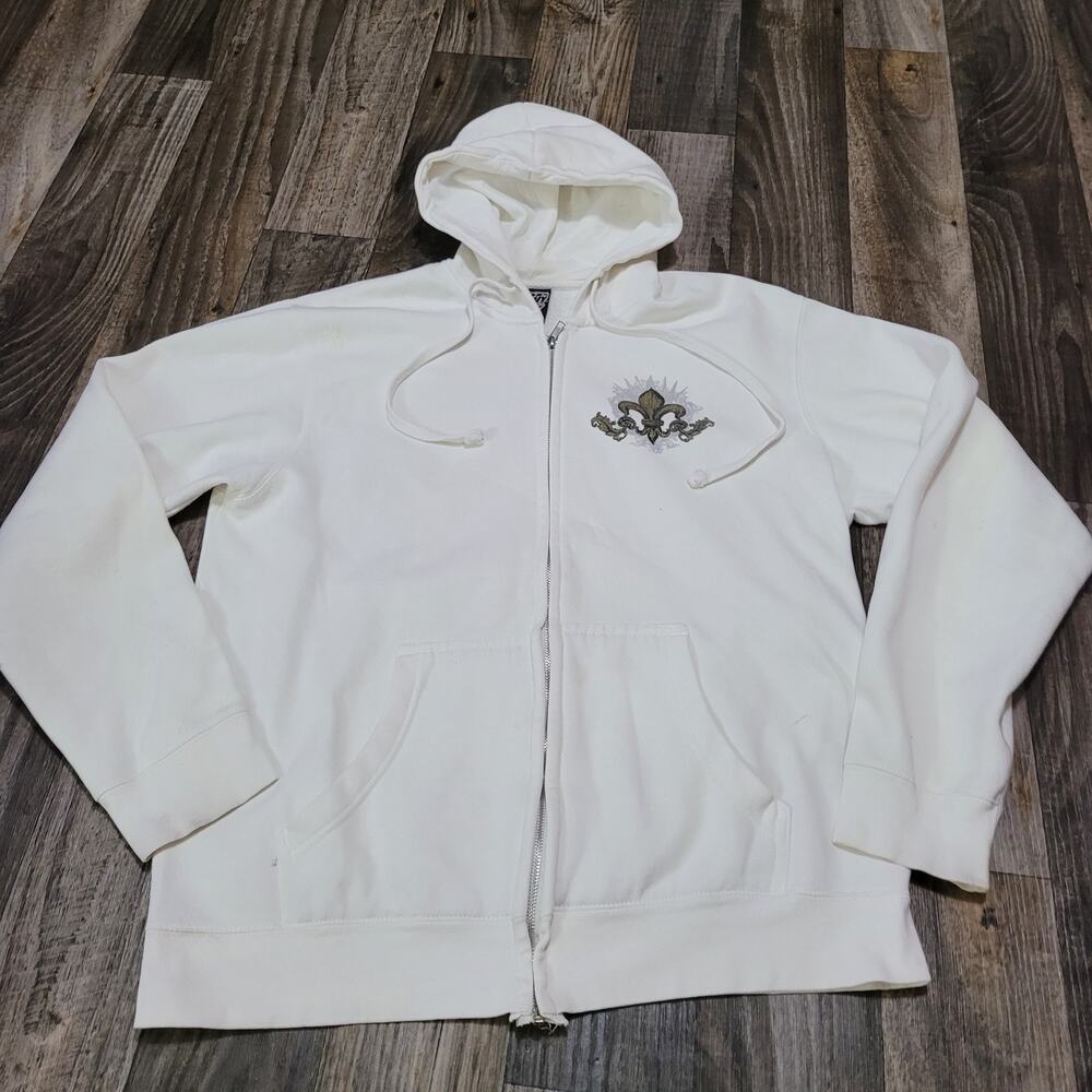 Vintage Y2K‎ Top Heavy hoodie Men's XL Full Zip White Skull Feathers Fluer De Li